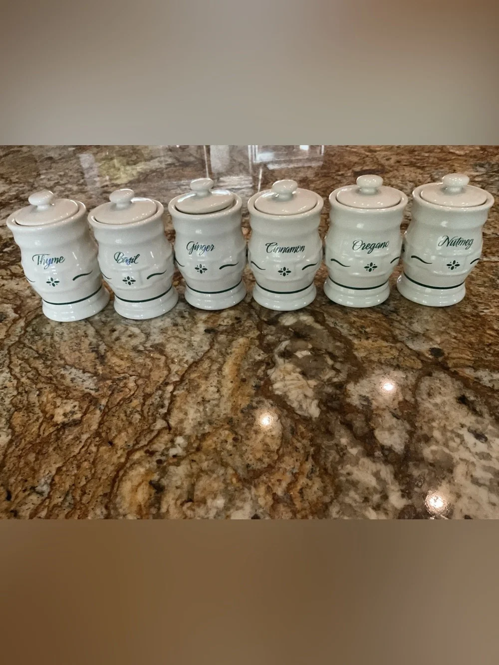 Longaberger Ceramic Spice Jars in Cream with Green Script
